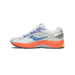 Side view of a white Saucony ProGrid Omni 9 sneaker with blue and purple accents and a bright orange midsole with a small yellow heel section.