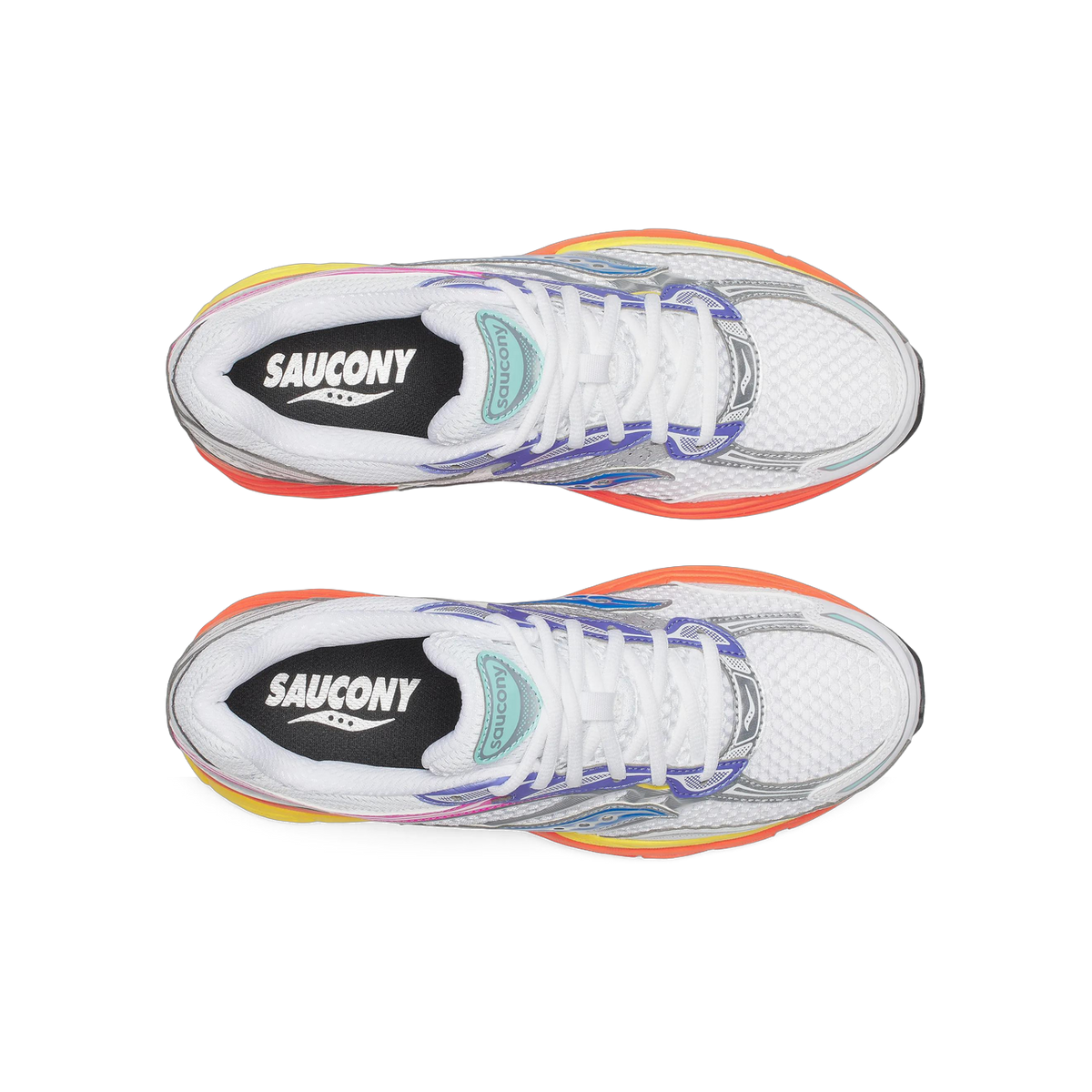 Top-down view of a pair of white Saucony ProGrid Omni 9 sneakers with purple and blue overlays, mint green heel tabs, black Saucony branded insoles, and multicolor orange, yellow, and pink midsoles.