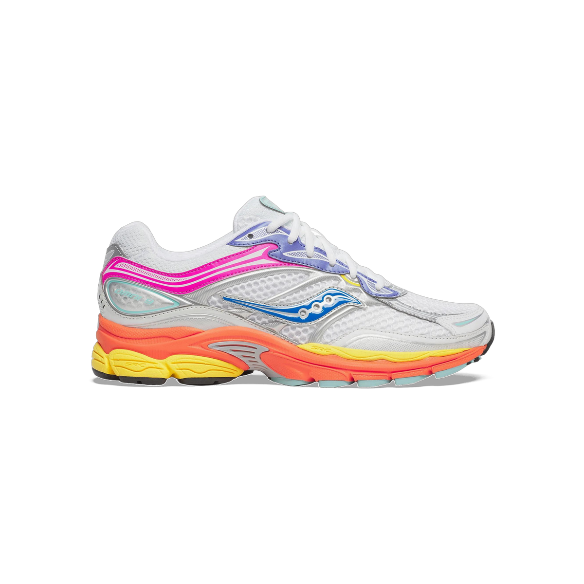 Lateral view of a white Saucony ProGrid Omni 9 sneaker with pink, purple, and blue overlays and an orange-to-yellow gradient midsole.