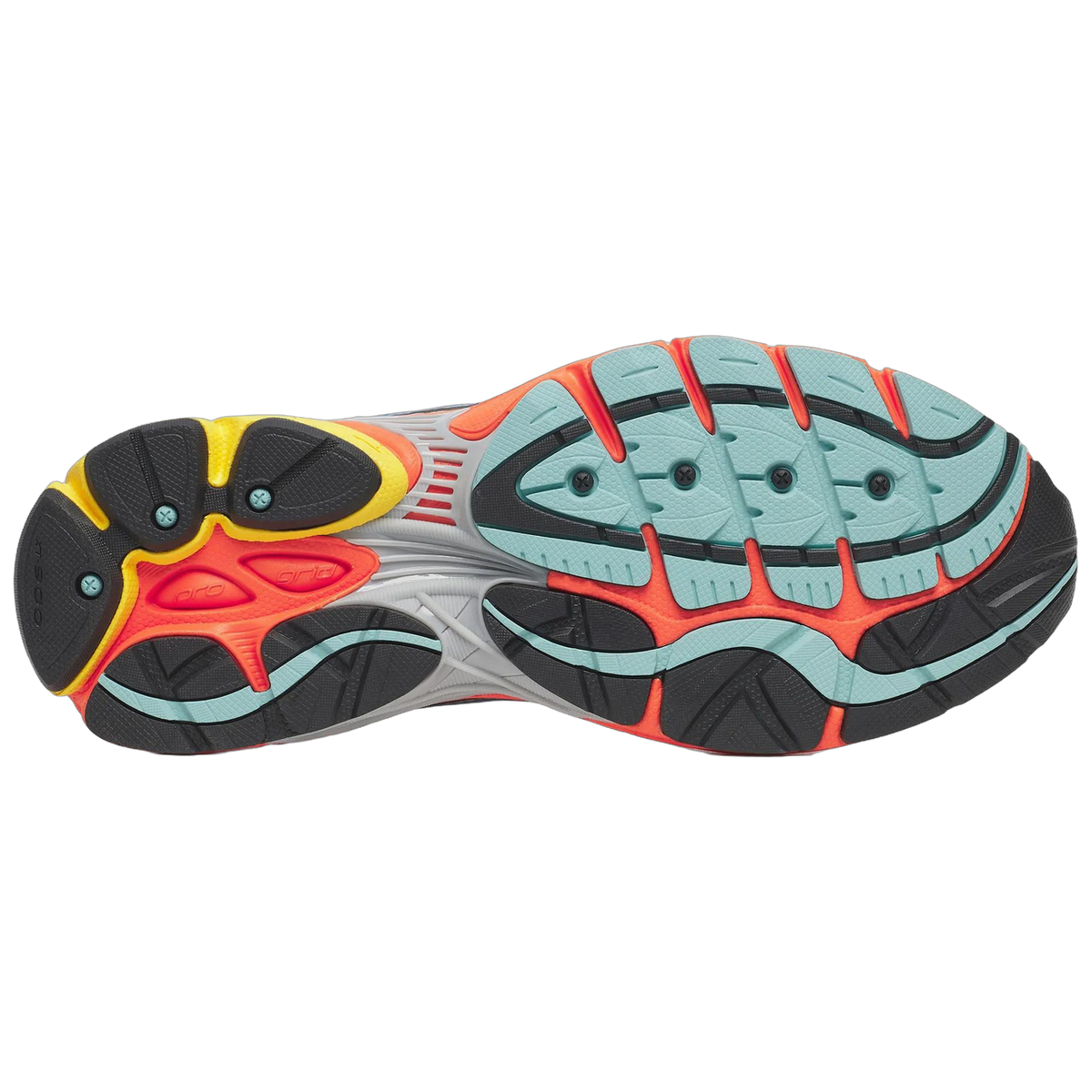 Bottom view of a Saucony ProGrid Omni 9 sneaker showing a multicolor outsole with teal, orange, yellow, and black tread segments and ProGrid branding