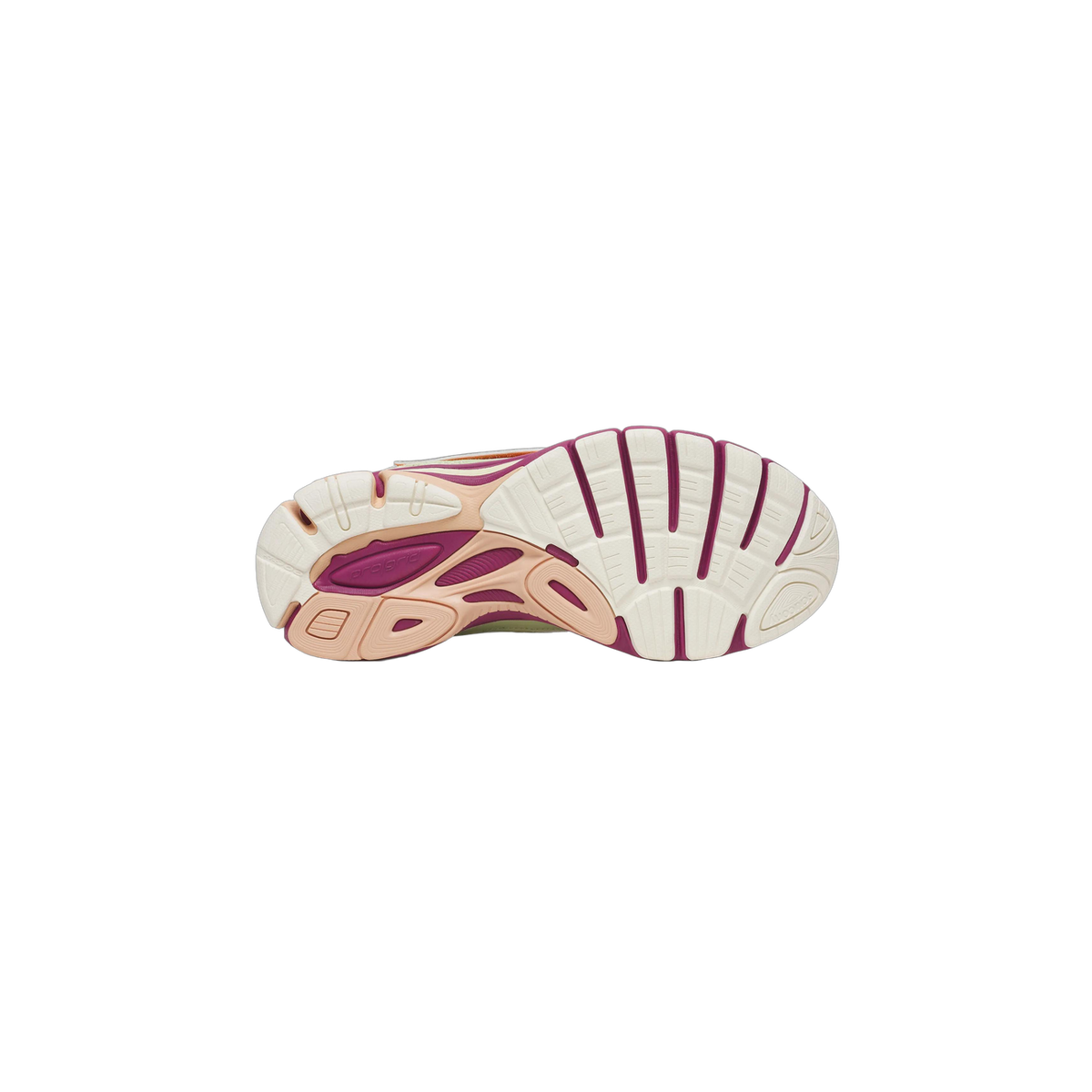 Bottom view of a Saucony ProGrid Guide 7 sneaker showing a white, maroon, and peach outsole with ProGrid branding