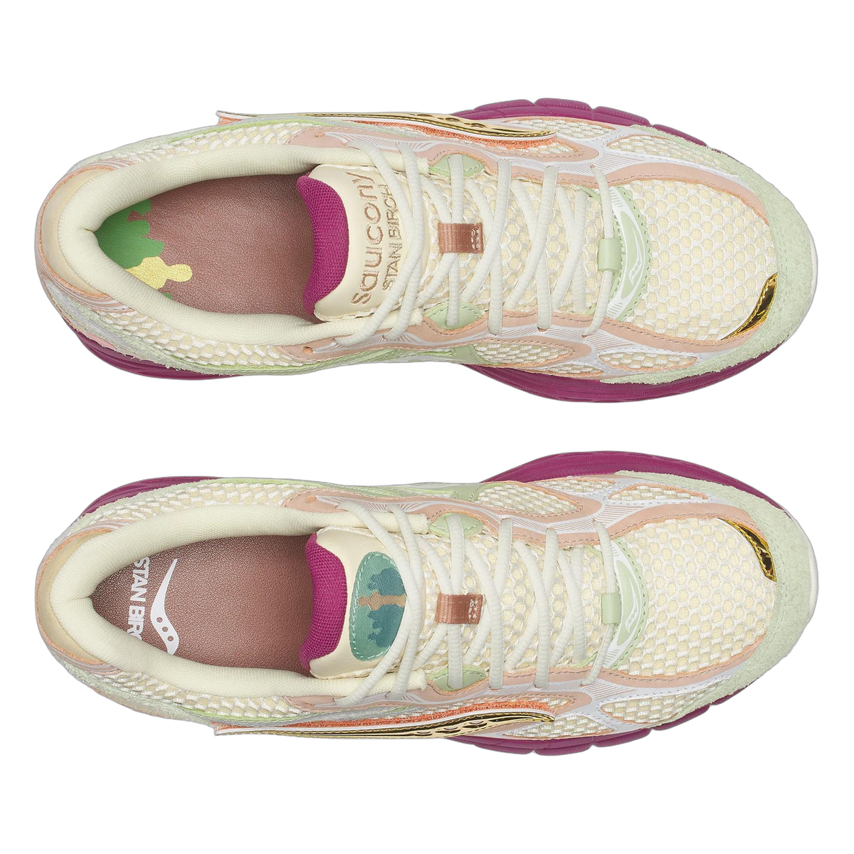 Top-down view of a pair of Saucony ProGrid Guide sneakers in cream mesh with pink, green, and peach accents and gold eyelets, both toes pointing left