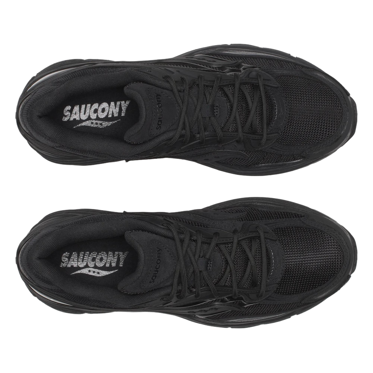 Top-down view of a pair of black Saucony ProGrid Omni 9 sneakers with laces undone, showing the mesh upper and branded insoles