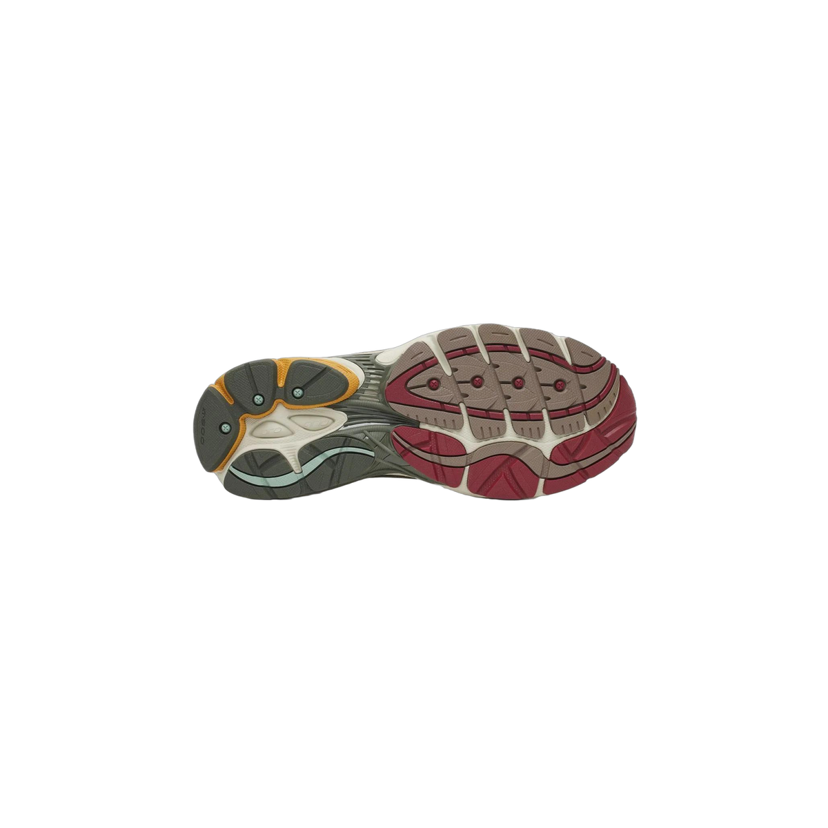 Bottom view of a Saucony ProGrid Omni 9 sneaker showing the multicolor outsole with burgundy, tan, olive, and orange tread sections.