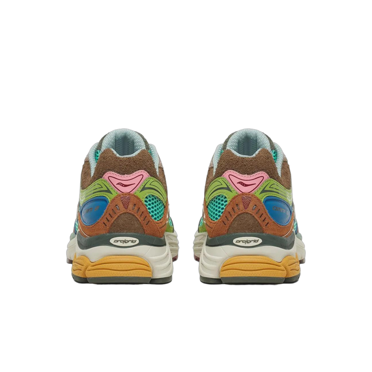 Rear view of a pair of multicolor Saucony ProGrid Omni 9 sneakers showing brown suede, pink heel tab, teal mesh, and yellow outsole