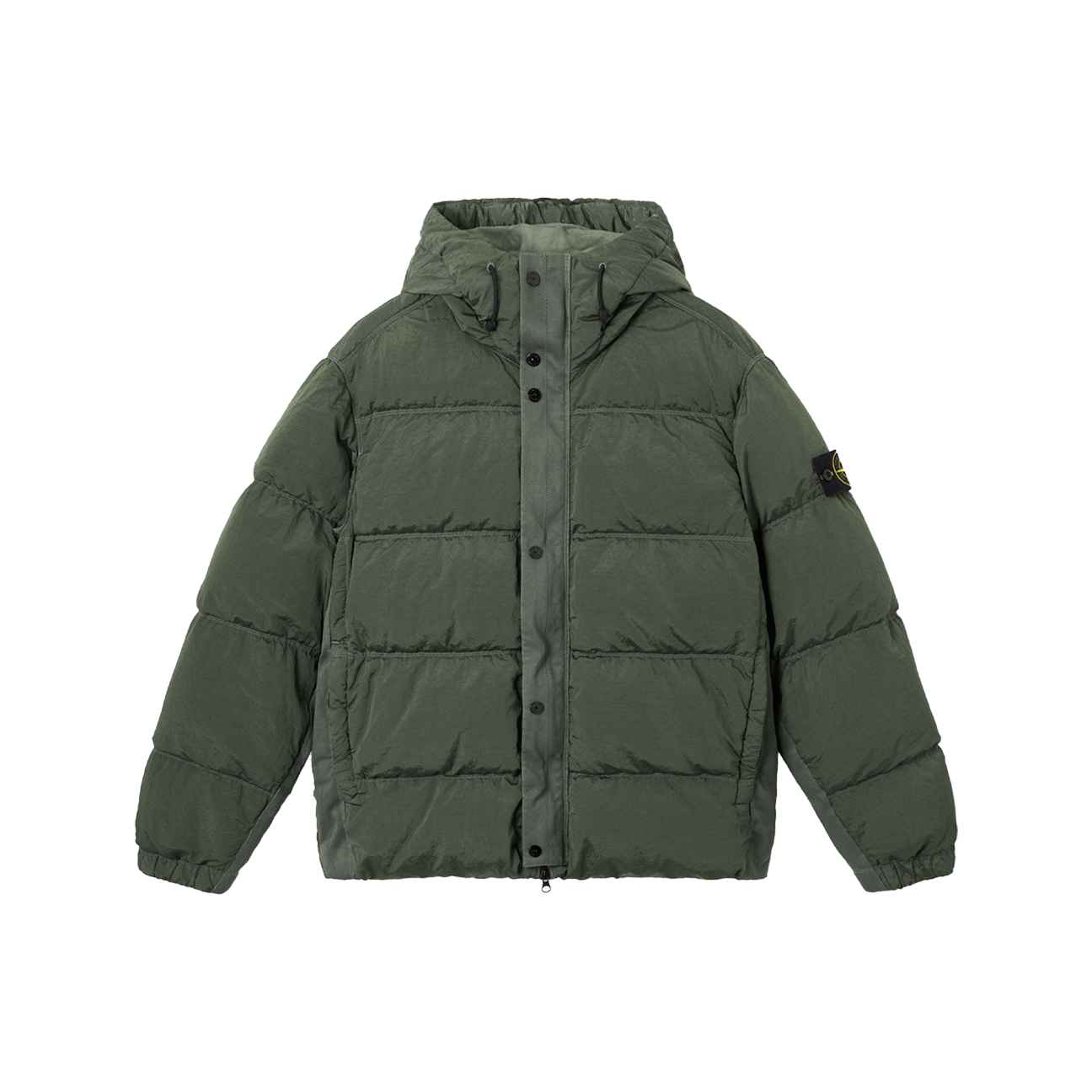 Stone Island – Daunenjacke mit Kapuze aus Nylon und Metall „Grün“
