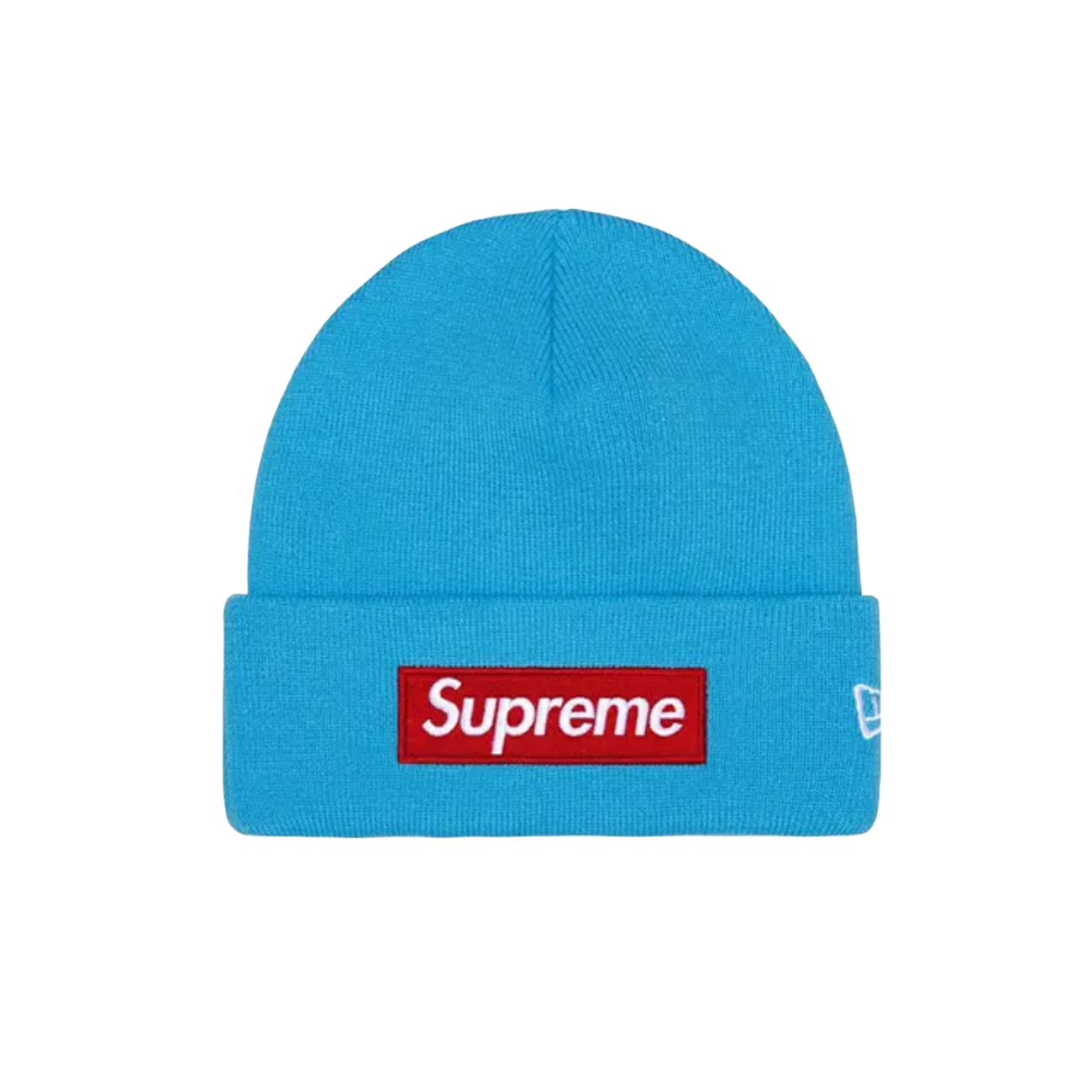 supreme new era box logo beanie cyan premium knit streetwear beanie with red box logo at The Attic