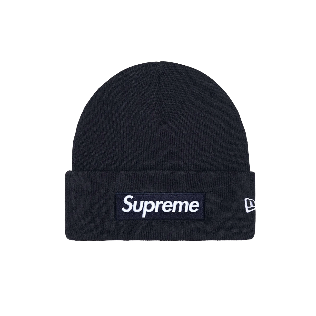 supreme new era box logo beanie navy premium knit streetwear beanie with red box logo at The Attic