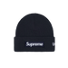 supreme new era box logo beanie navy premium knit streetwear beanie with red box logo at The Attic