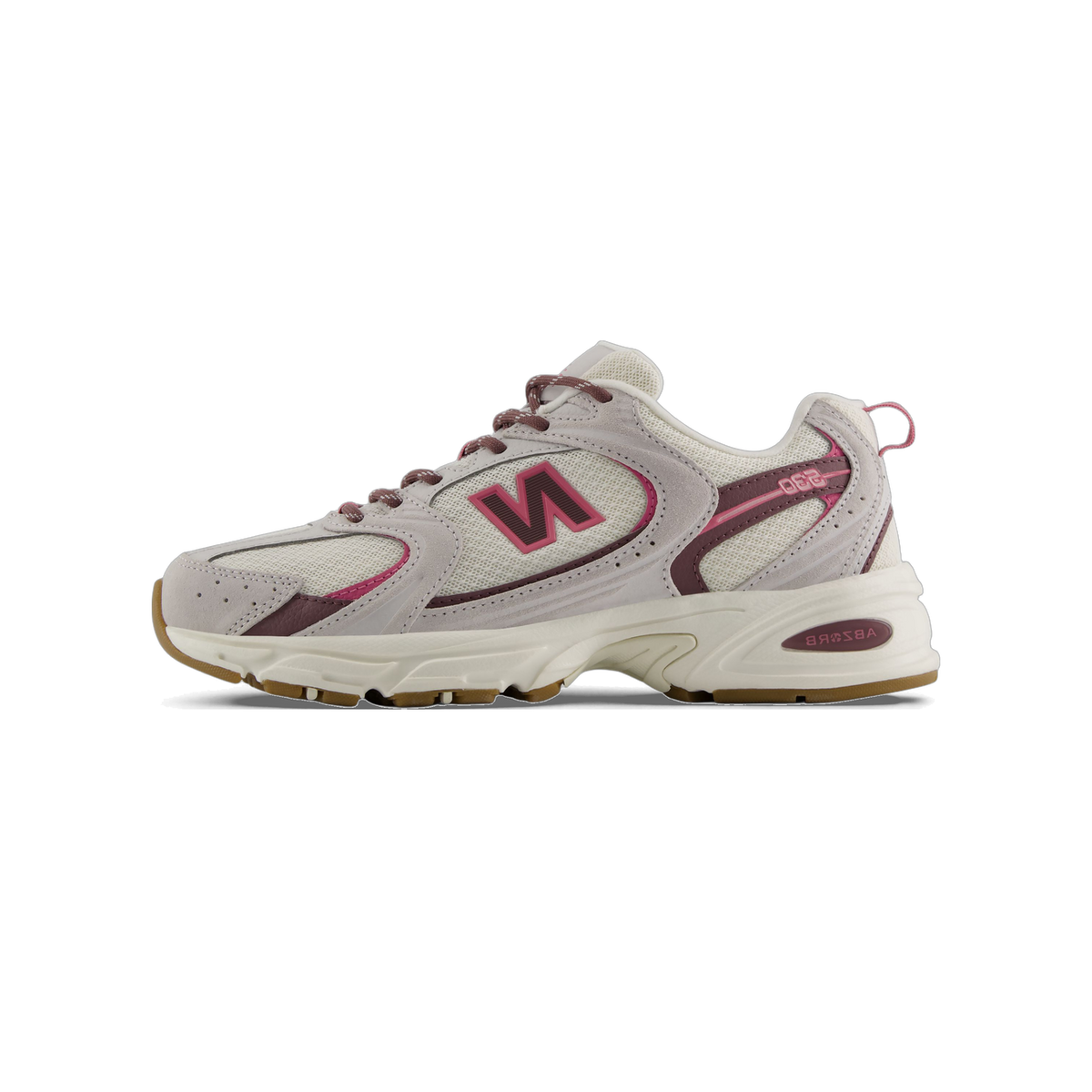 Side view of a grey New Balance 530 sneaker with pink and burgundy accents and a chunky white midsole with gum outsole, toe pointing left