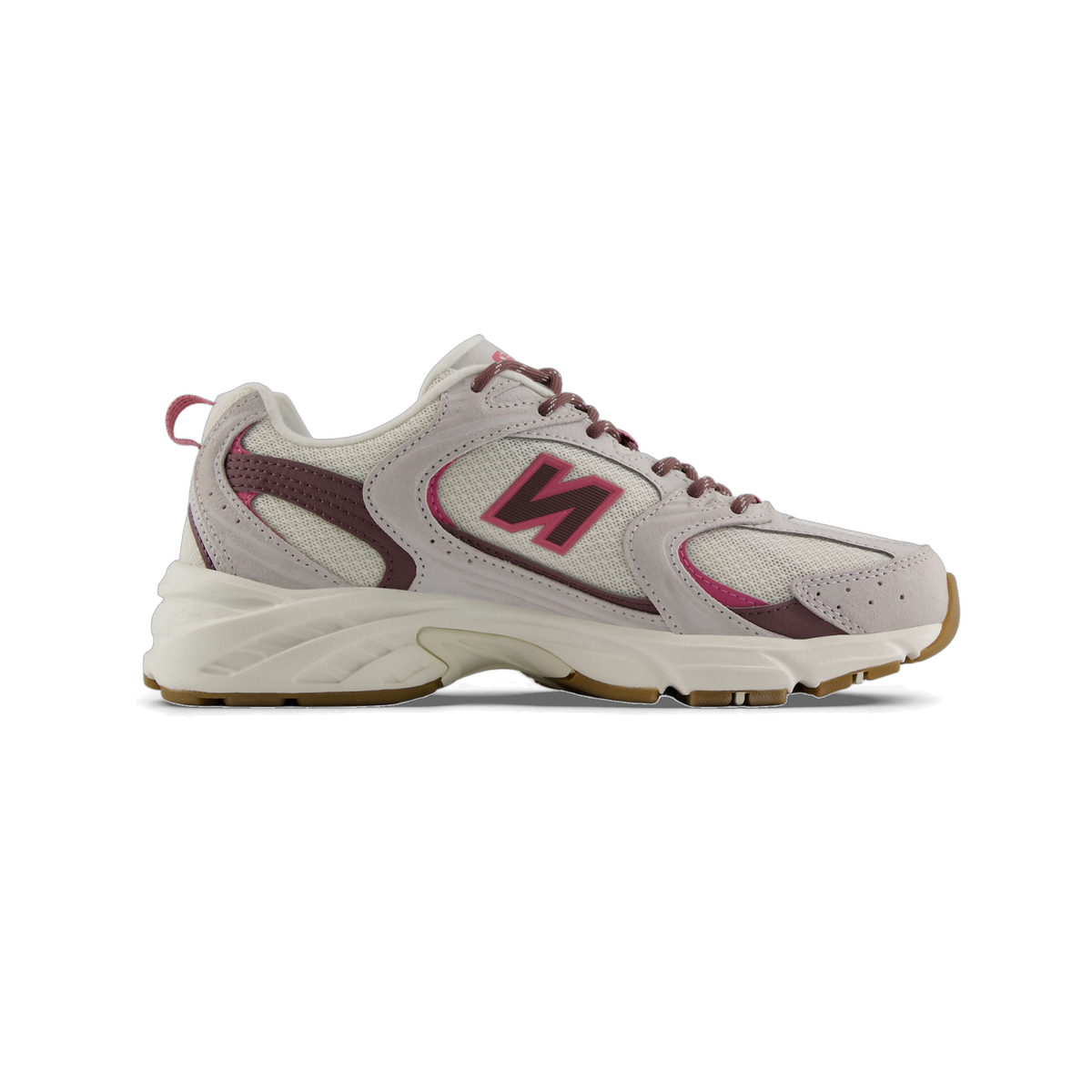 Side view of a grey New Balance U5302V3 sneaker with a pink and maroon N logo, mesh upper, and gum rubber outsole, toe pointing left.