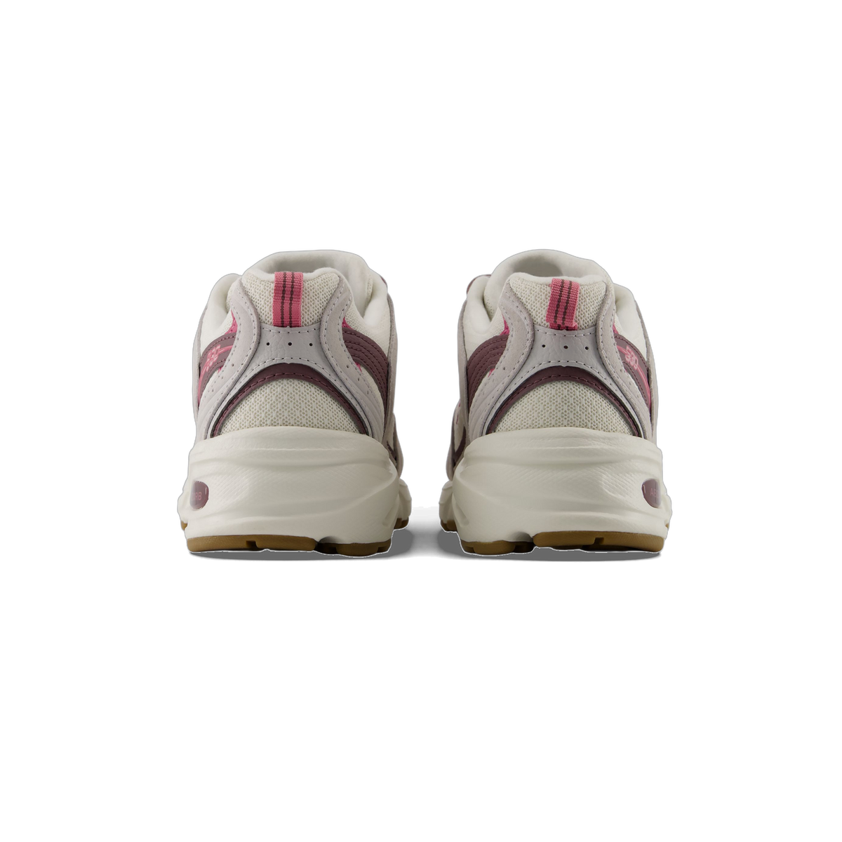 Rear view of a pair of New Balance U5302V3 sneakers in grey with pink and burgundy accents and a white midsole with gum outsole