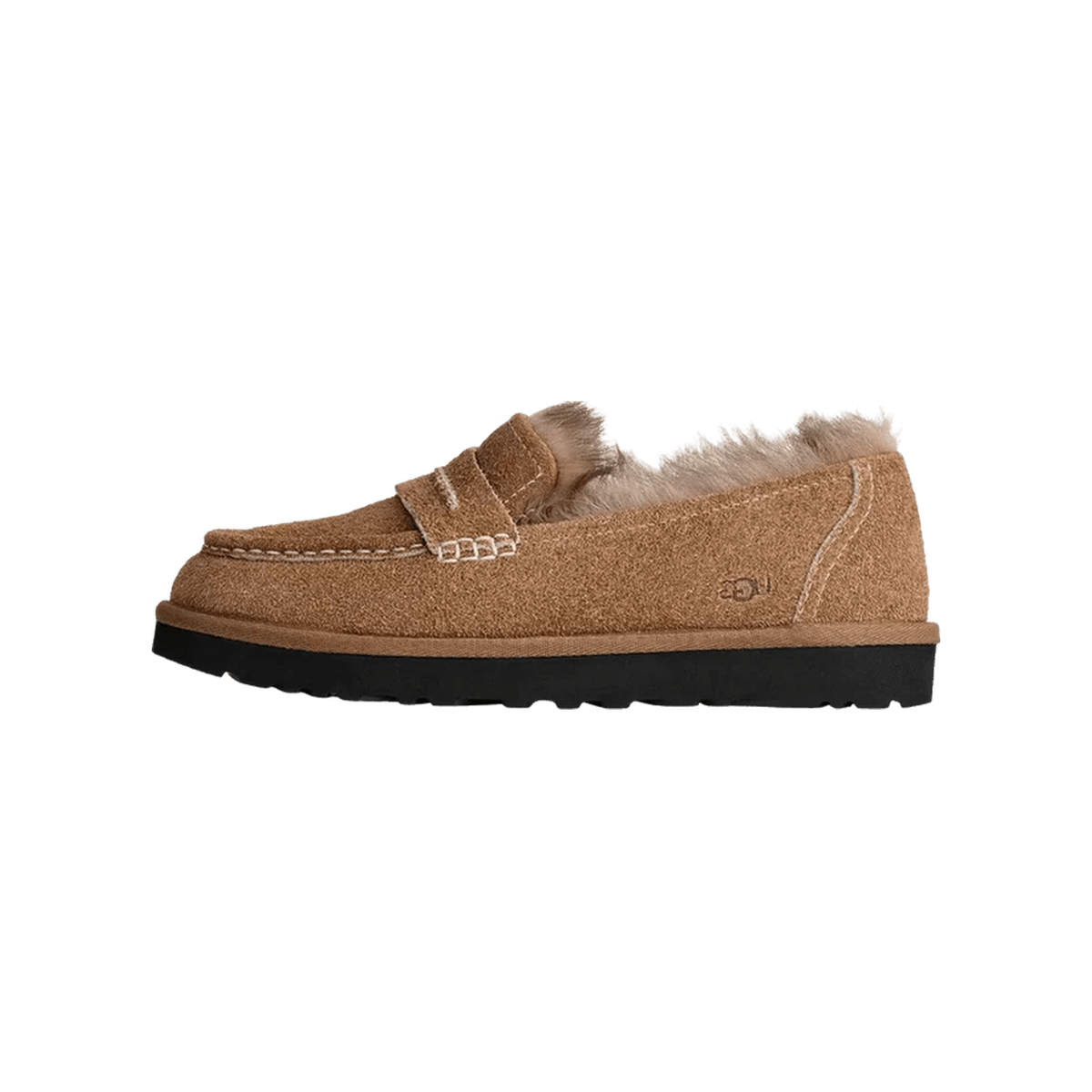 Side view of a chestnut brown suede UGG Ellis loafer with shearling trim, penny strap, embossed UGG logo, and black lug sole, toe pointing left.