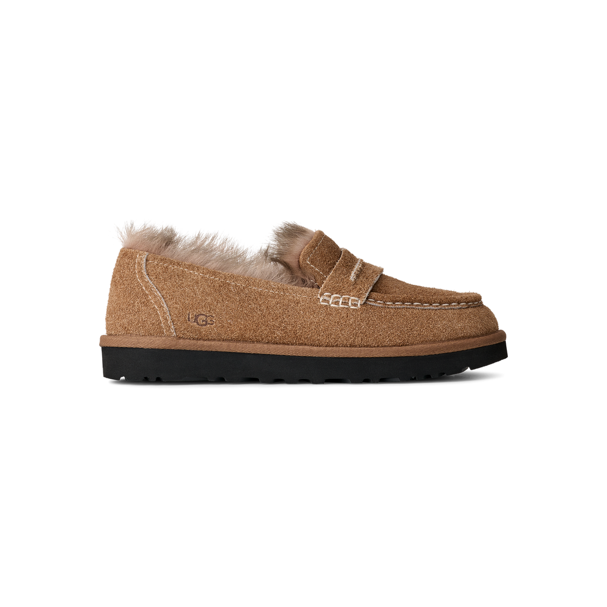 Side view of a chestnut brown suede UGG Ellis loafer with fur lining, penny strap detail, and a black lug outsole, toe facing left with UGG logo on the side