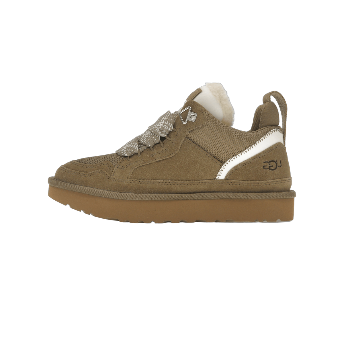 Side view of a left olive-brown suede UGG Lowmel sneaker with a white side stripe, shearling collar, patterned laces, and a thick gum outsole.