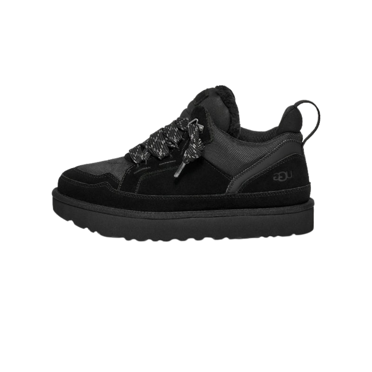 Side view of a black UGG Lowmel shoe with black and white patterned laces, a thick platform sole, and the UGG logo embossed on the heel.
