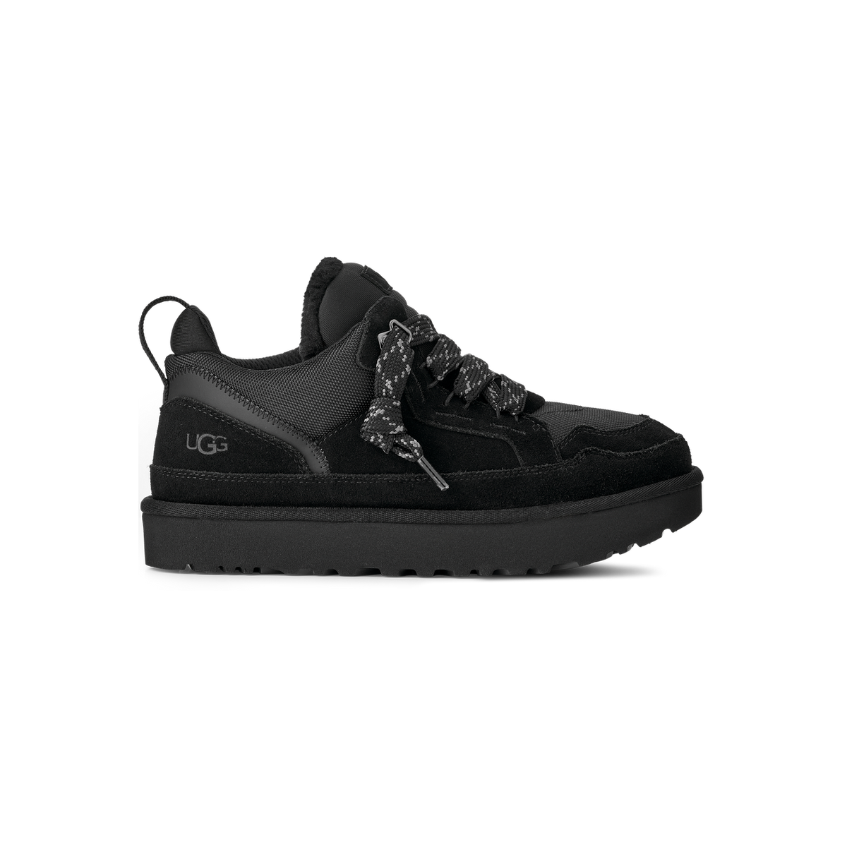 Side view of a black UGG Lowmel shoe with black and grey patterned laces, UGG logo on the heel, and a thick lugged outsole, toe pointing left.