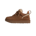 Side view of a brown UGG Lowmel shoe with suede upper, patterned laces, shearling trim at the collar, and a chunky lugged outsole, toe pointing left.