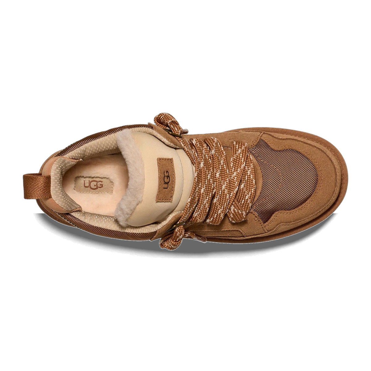 Top-down view of a chestnut brown UGG Lowmel boot showing its shearling-lined collar, UGG branded tongue patch, and brown patterned laces