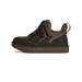 Side view of a dark brown UGG Lowmel shoe with suede toe panel, thick flat laces, a fleece-lined collar, and a chunky lugged sole, toe pointing left.