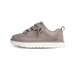 Right-facing view of a grey UGG Lowmel Lo Campfire sneaker with suede and mesh panels, thick laces, a pull tab heel, and a white ridged sole with UGG branding on the side.
