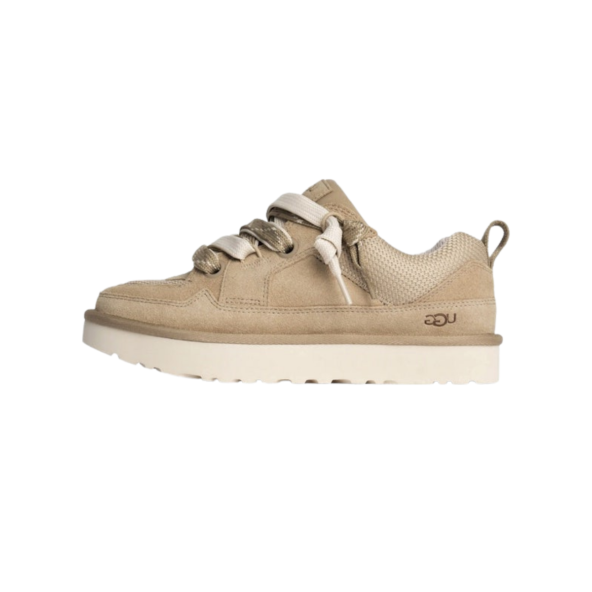 Outside view of a tan suede UGG Lowmel Lo sneaker with thick cream laces, a chunky lugged sole, and a small UGG logo embossed near the heel.