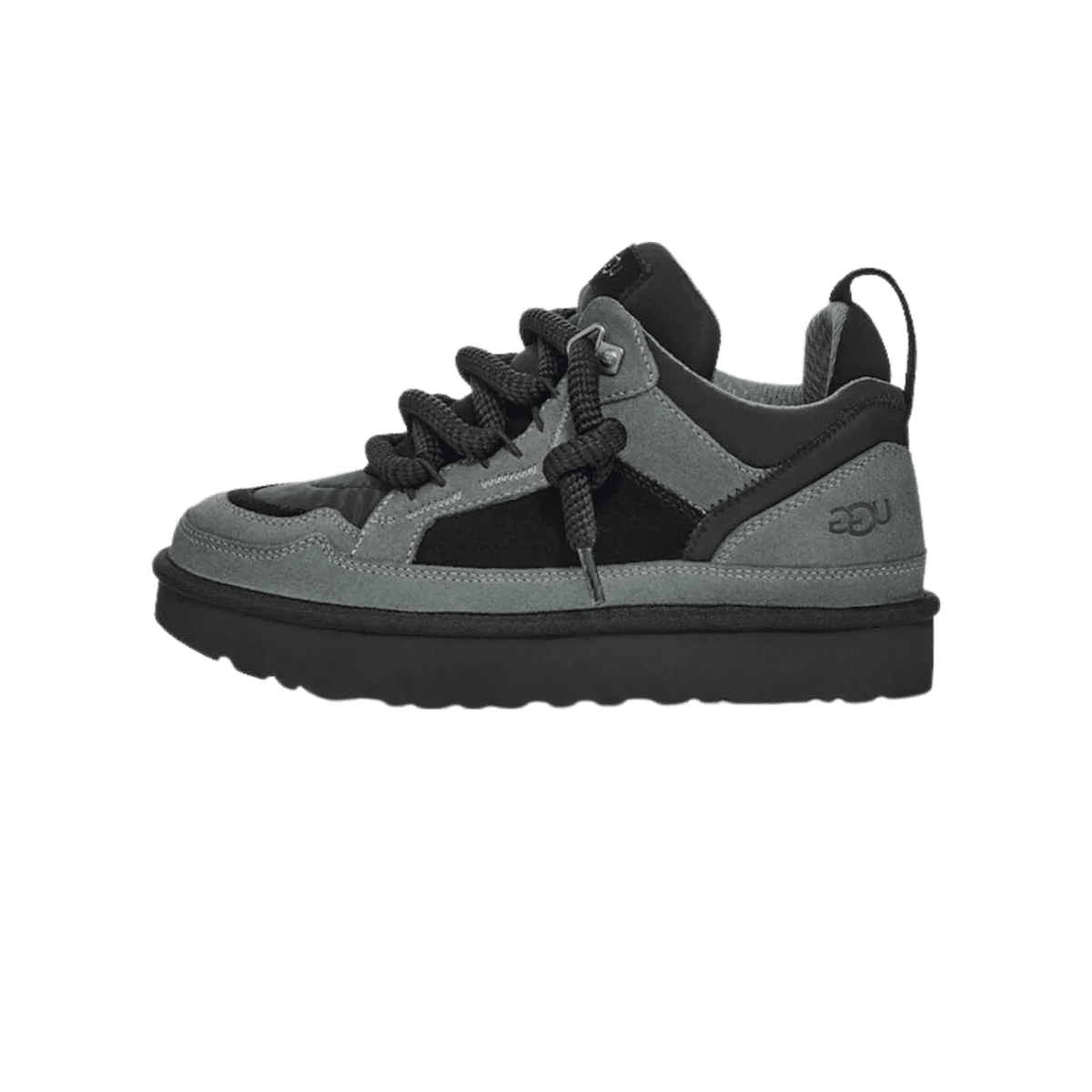 Side view of a grey and black UGG Lowmel sneaker with thick black laces, chunky black sole, and UGG logo on the heel area