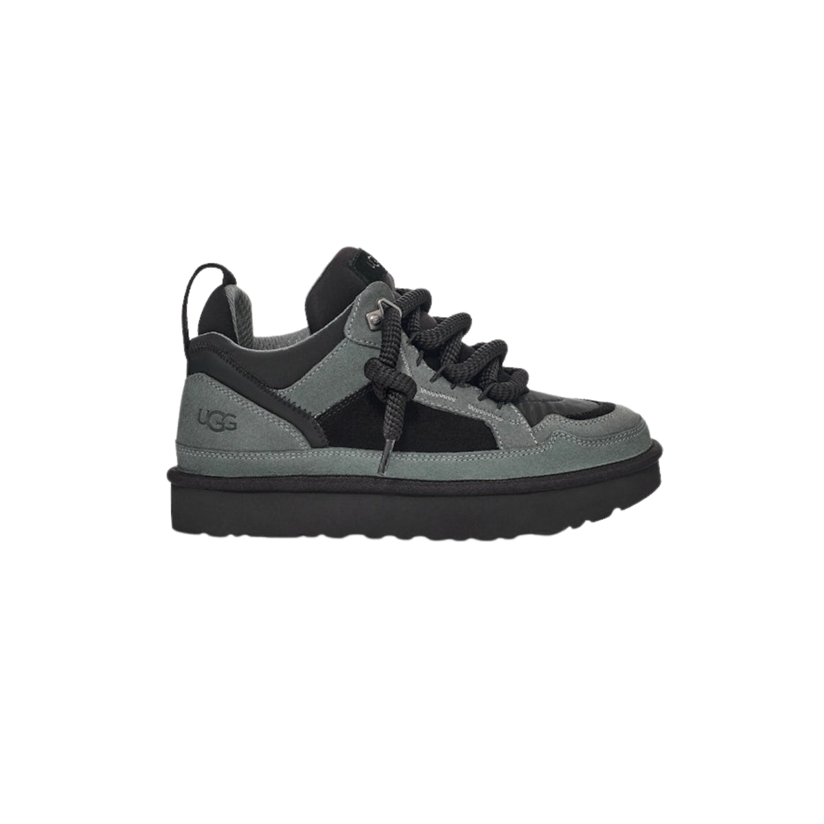 Inside view of a grey and black UGG sneaker with thick black laces, a chunky black platform sole, and the UGG logo on the heel area, toe pointing right.