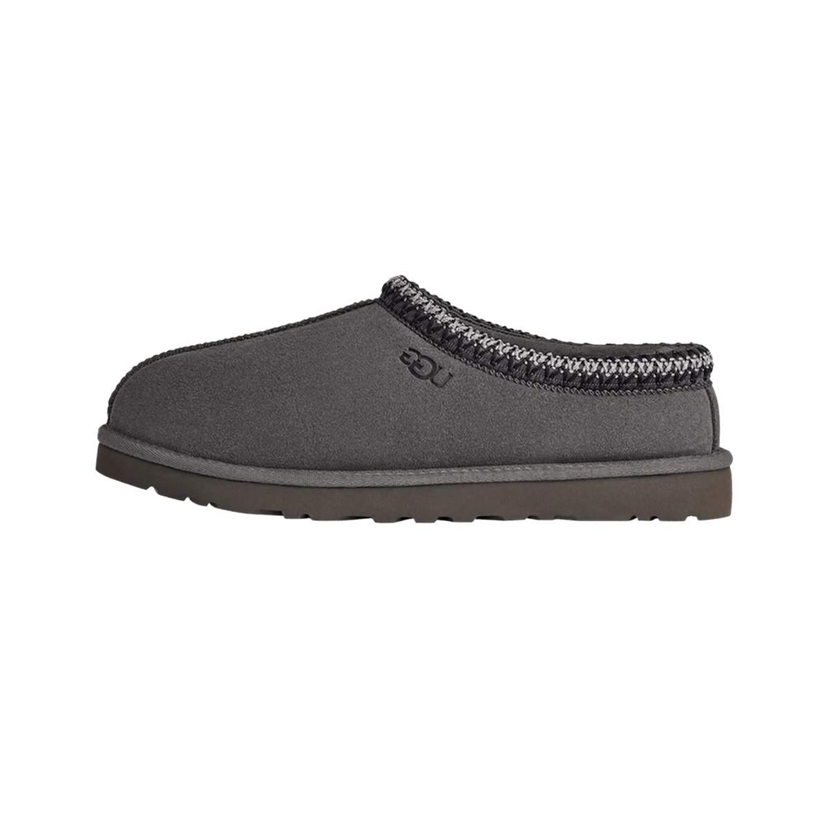 Side view of a gray UGG Tasman II slipper with a black and white braided trim and brown textured outsole