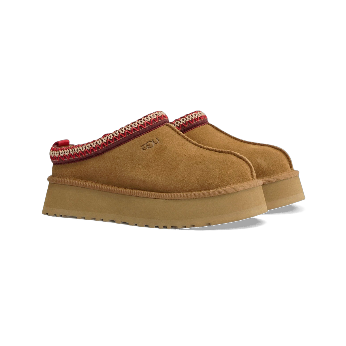 Pair of chestnut brown UGG Tazz II suede platform slippers with red and cream embroidered trim around the collar, shown at a three-quarter angle.