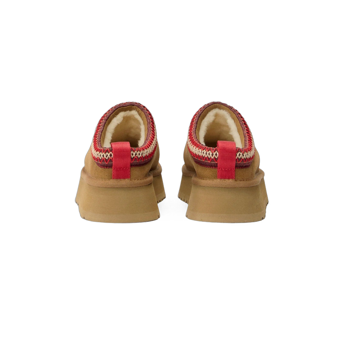 Rear view of a pair of chestnut brown UGG Tazz II slippers with red heel pull tabs and red and burgundy embroidered trim around the shearling-lined opening.