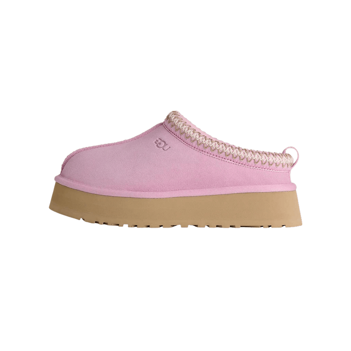 Side view of a pink suede UGG Tazz slipper with toe pointing left, featuring a braided trim and thick tan platform sole embossed with a small UGG logo near the toe.