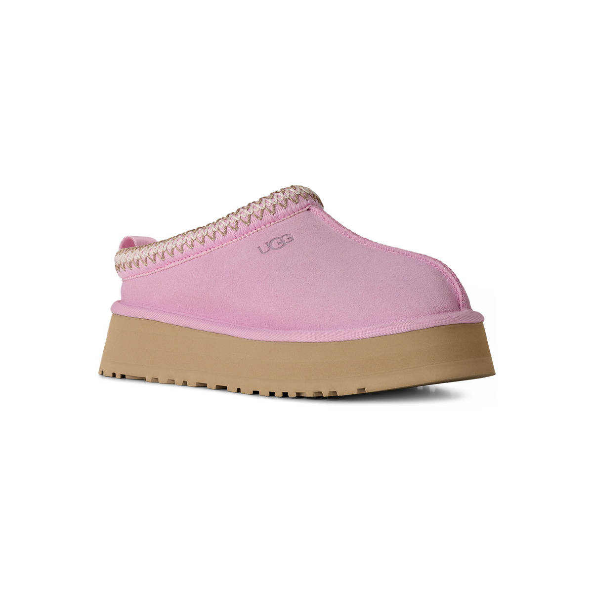 Side view of a pink suede UGG Tazz slip-on slipper with a braided trim and thick tan platform sole, toe pointing left.