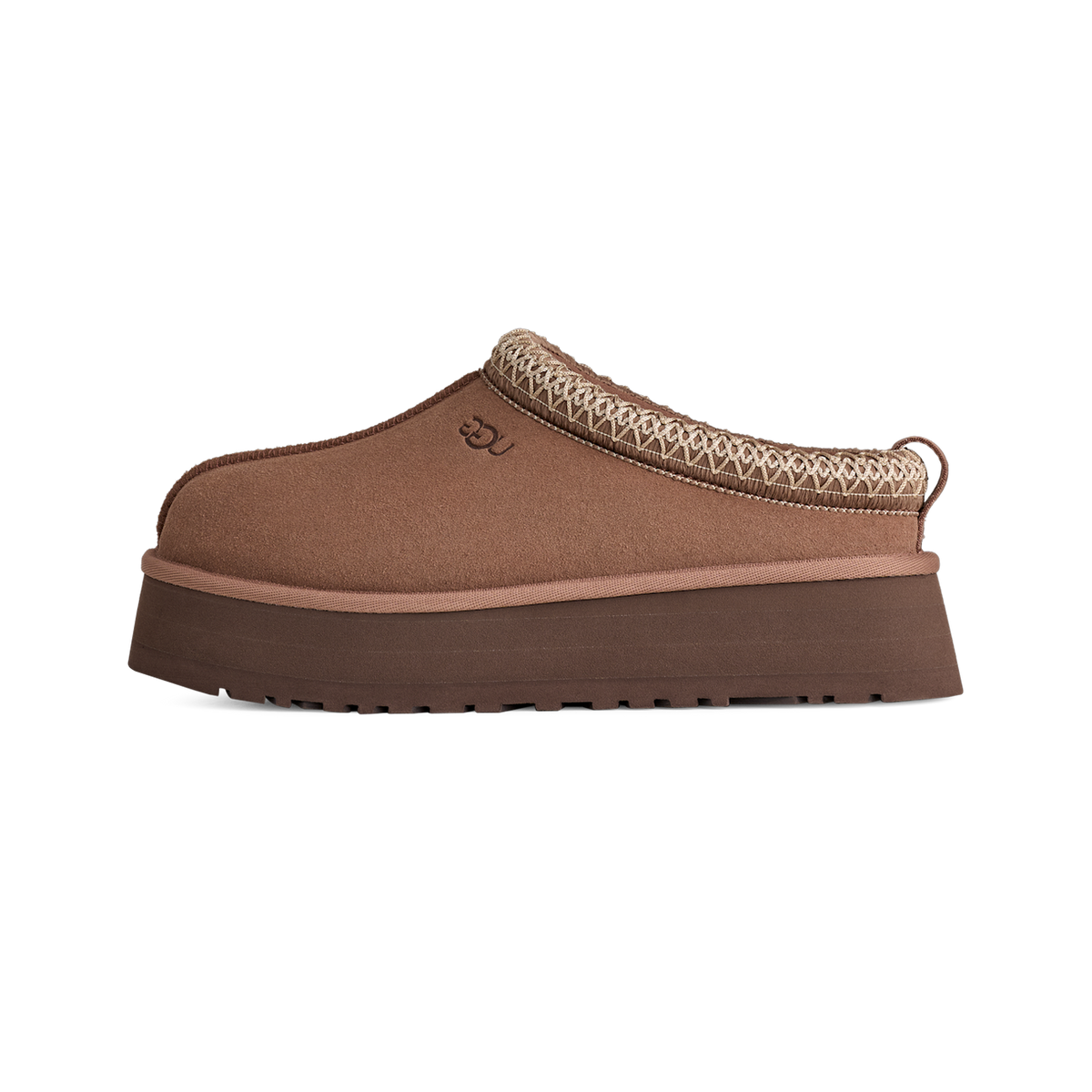 Side view of a brown suede UGG Tazz II slip-on slipper with woven trim, platform sole, and a heel pull tab.