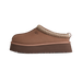 Side view of a brown suede UGG Tazz II slip-on slipper with woven trim, platform sole, and a heel pull tab.