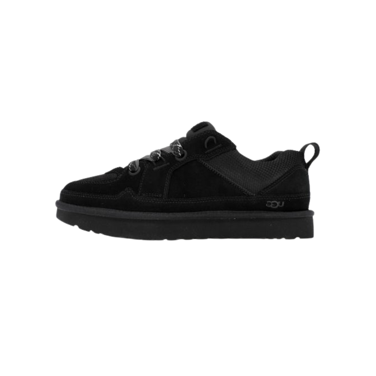 Side view of a black UGG Lowmel Lo sneaker with suede and mesh panels, patterned laces, a pull tab at the heel, and a thick black outsole.