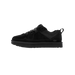 Side view of a black UGG Lowmel Lo sneaker with suede and mesh panels, patterned laces, a pull tab at the heel, and a thick black outsole.