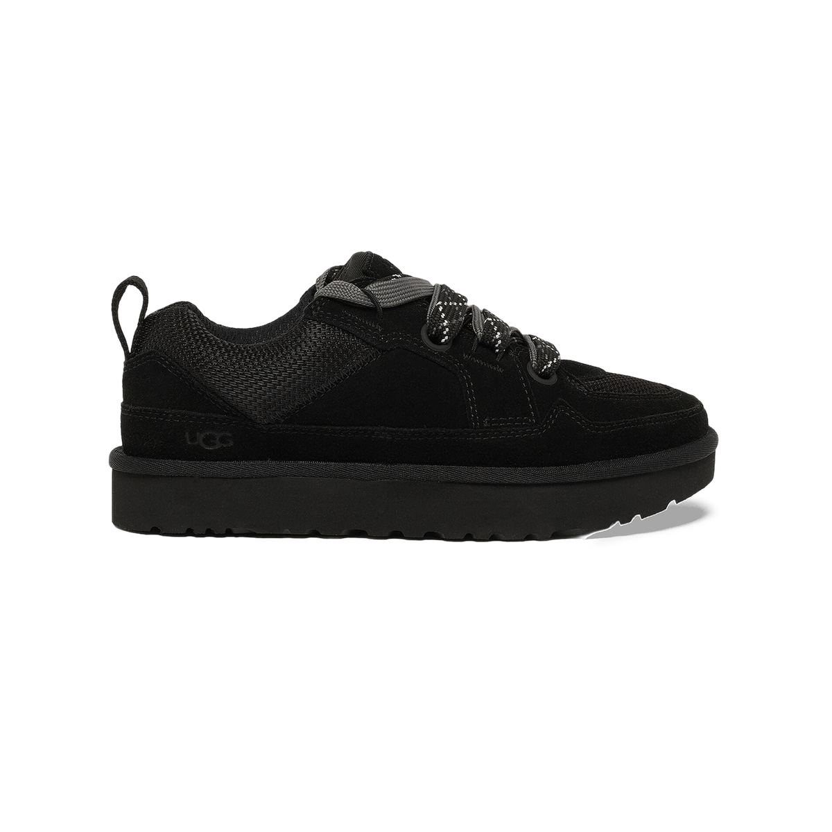 Side view of a black UGG Lowmel Lo sneaker with textured suede and mesh panels, thick chunky sole, and grey-and-white patterned laces.