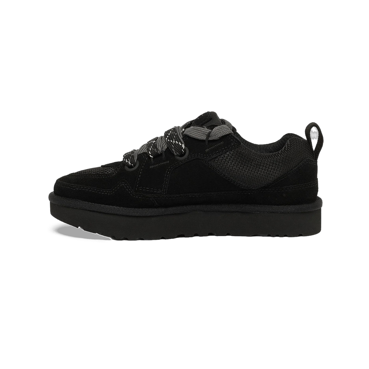 Side view of a black UGG Lowmel Lo sneaker with textured suede panels, mesh detailing, thick patterned laces, and a chunky black outsole with a heel pull tab.