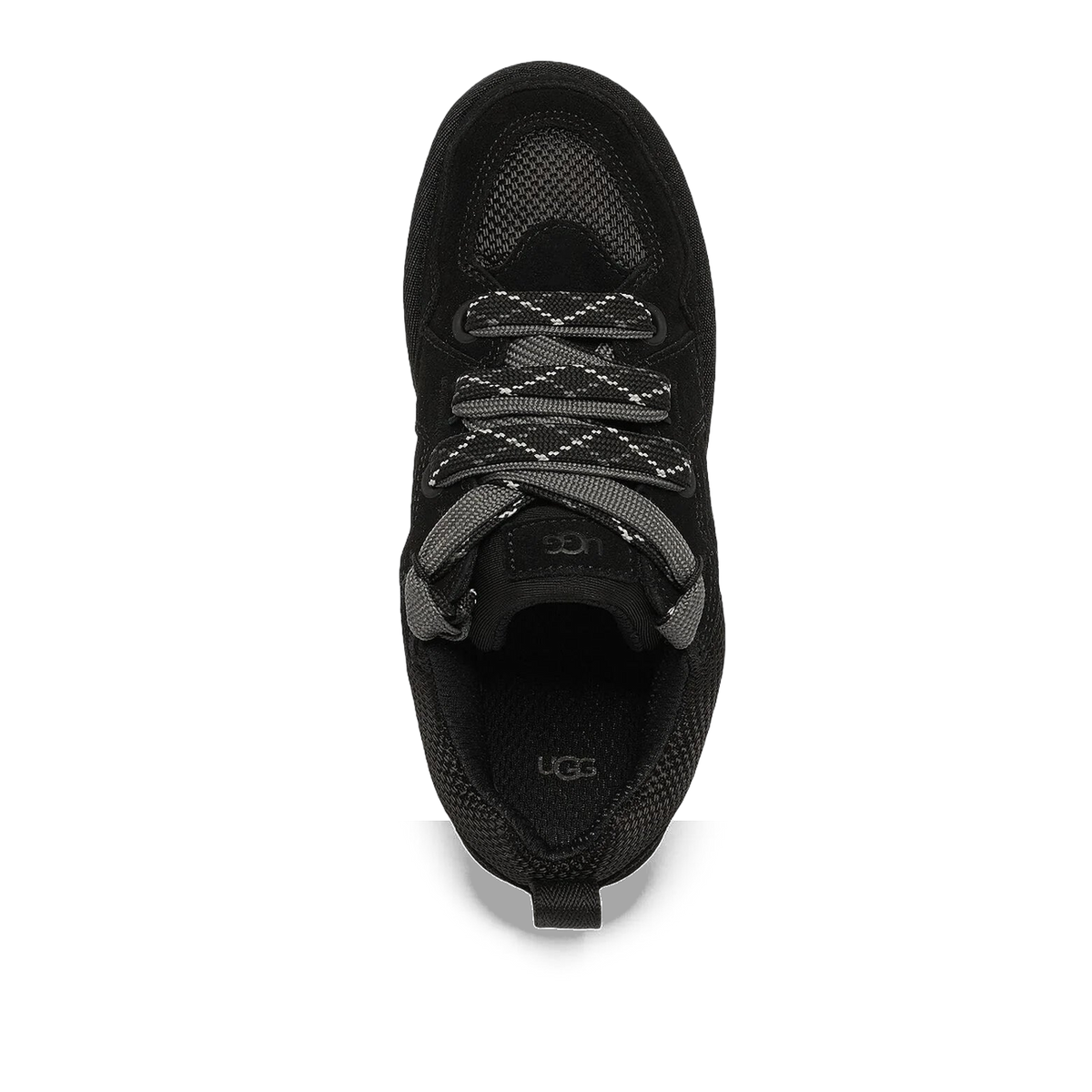 Top-down view of a black UGG Lowmel Lo sneaker with patterned laces, mesh toe panel, and UGG branding on the tongue and insole.