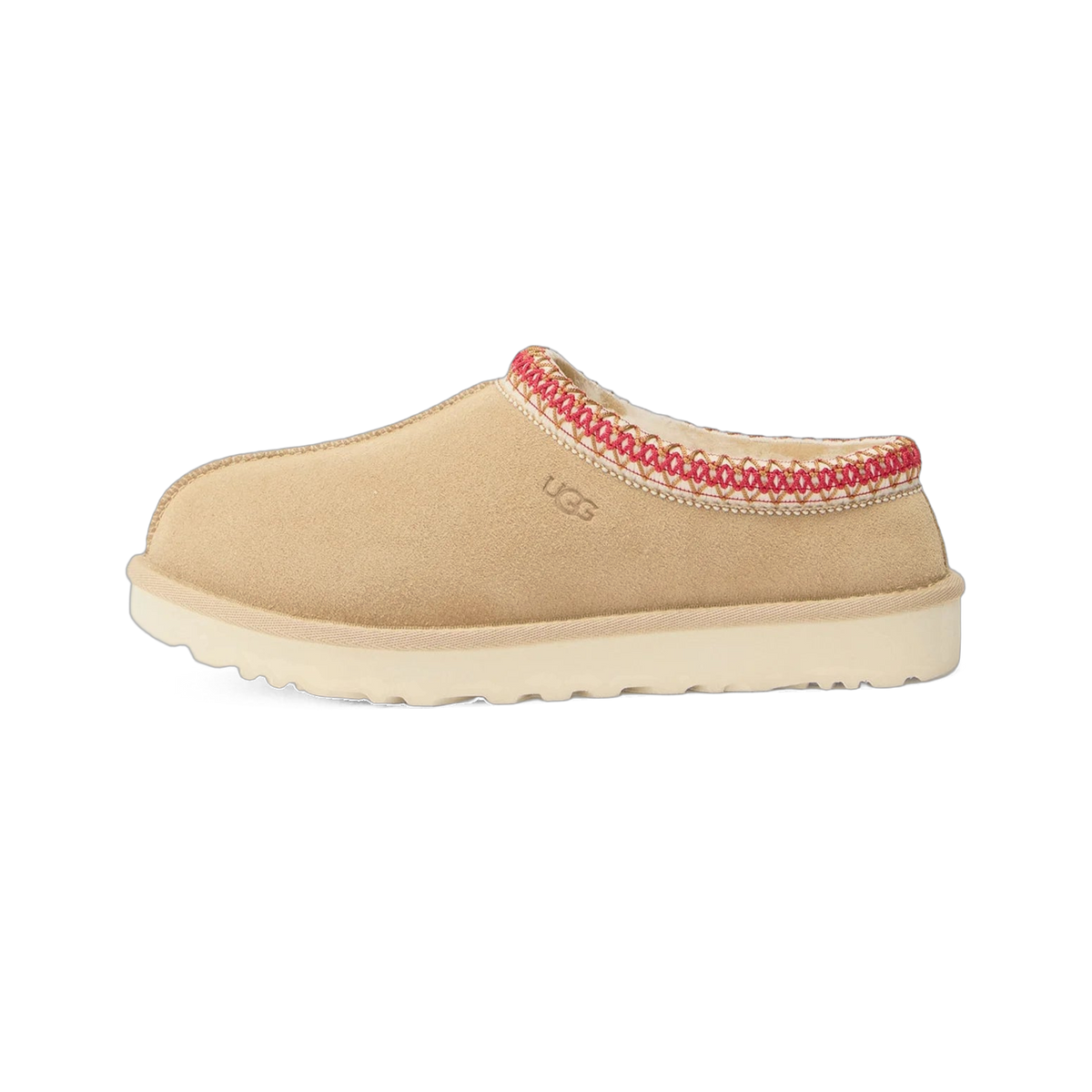 Side view of a beige suede UGG Tasman II slipper with red and white embroidered trim around the collar and a cream rubber outsole.