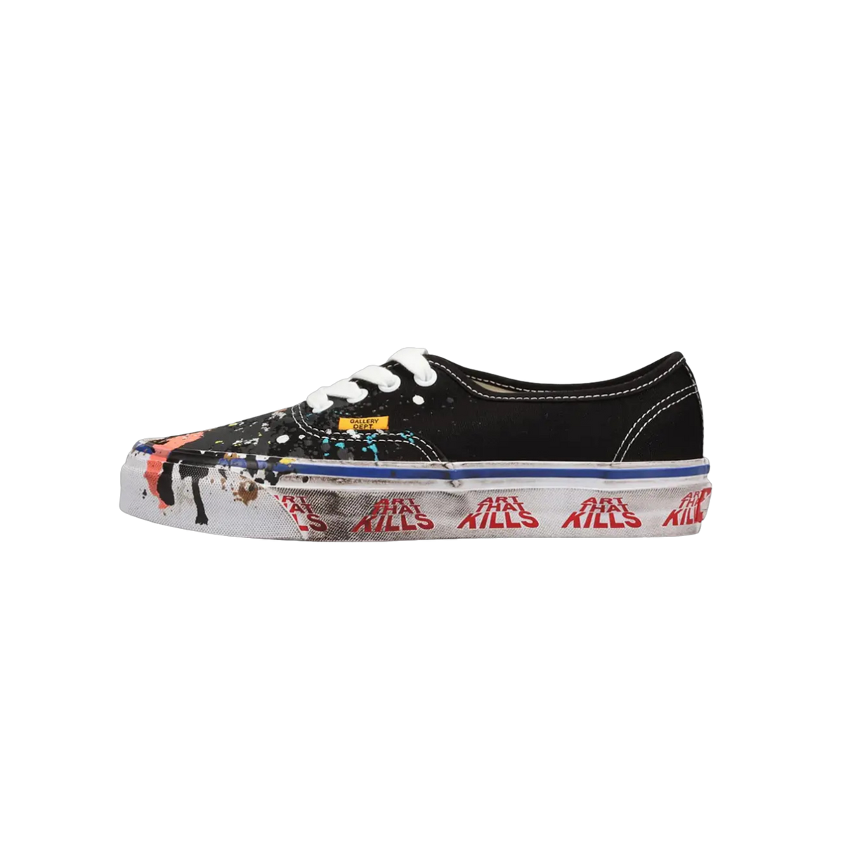 Side view of a black Vans Authentic sneaker with white laces, paint-splatter detailing, a yellow Gallery Dept label, and red 'Art That Kills' text printed on the white midsole.