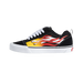 Side view of a black Vans Knu Skool sneaker with a red, orange, and white flame graphic on the side panel and white laces and outsole.