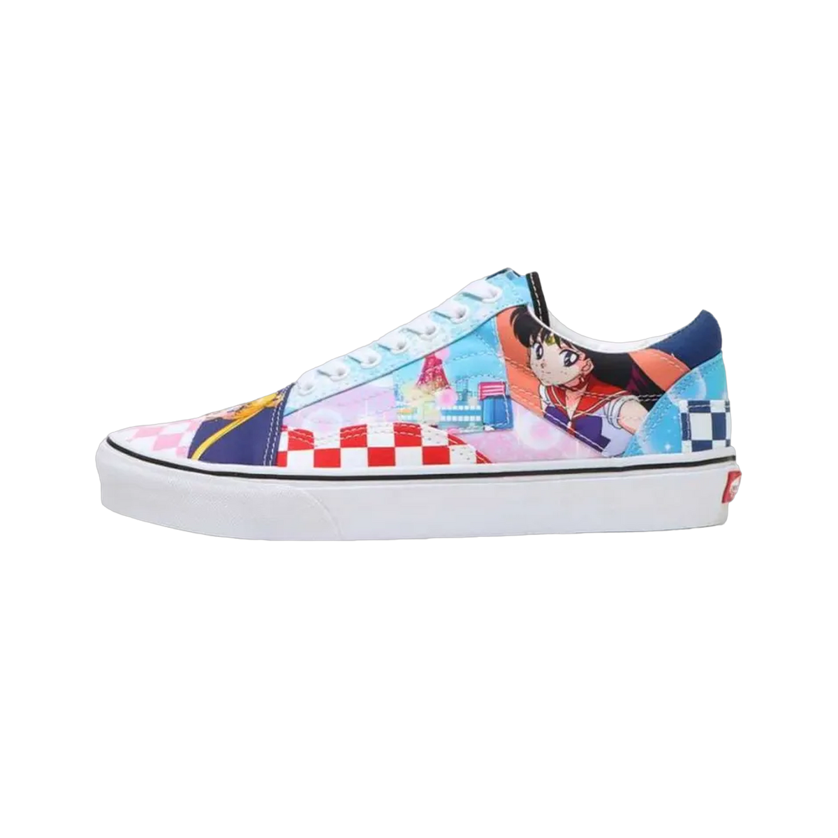 Side view of a Vans Old Skool sneaker featuring a patchwork design with an anime character graphic, checkerboard panels in red and navy, and pink accents.