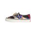 Side view of a Vans Authentic sneaker with an embroidered floral pattern in black, red, blue, and yellow, wooden beads on the laces, and a white sole with the Vans side patch.