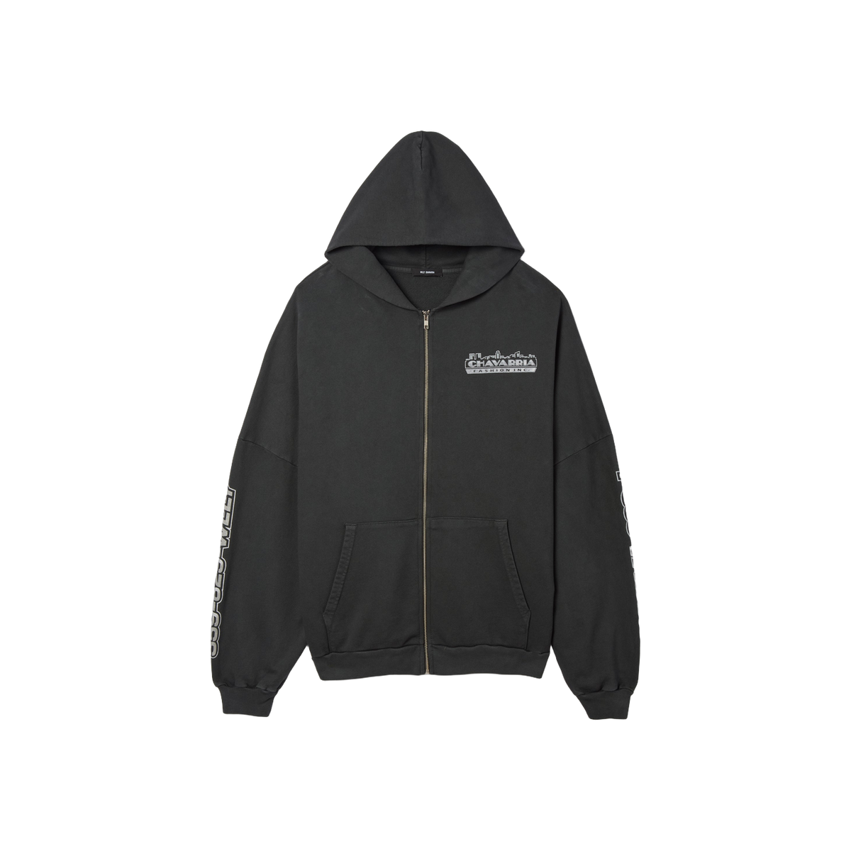 Front view of a black full-zip hoodie with a skyline logo reading Chavarria Fashion Inc on the chest and printed text down each sleeve.