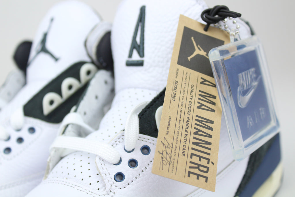 A Ma Maniére x Air Jordan 3 'For The Love' – exclusive collaboration sneakers featuring premium materials, intricate design details, and a unique colourway, ideal for sneaker collectors and streetwear enthusiasts.