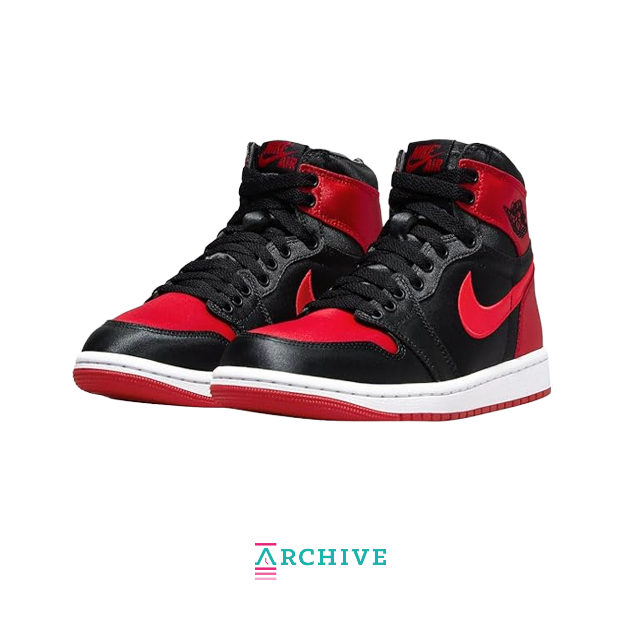 Air Jordan 1 High Sayin Bred sneaker with black and red satin upper classic Jordan 1 high silhouette and premium finish available at The Attic