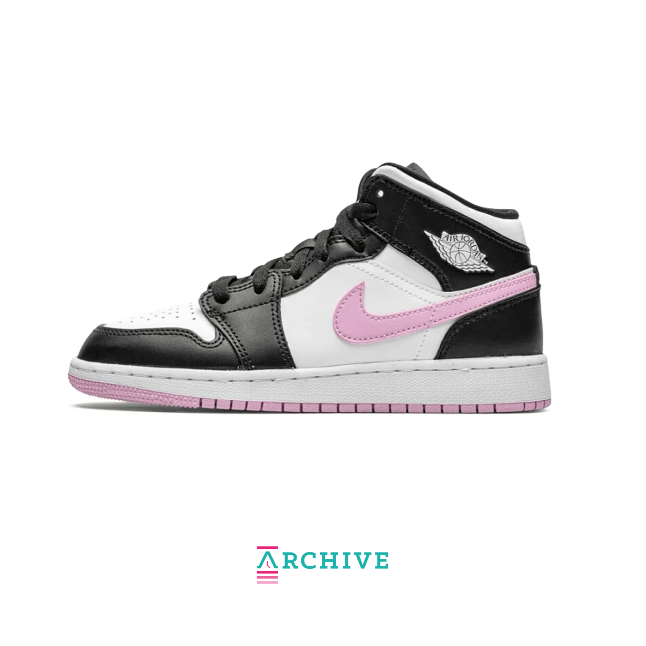 Air Jordan 1 Mid White Black Light Arctic Pink sneaker with leather upper soft pink accents available at The Attic
