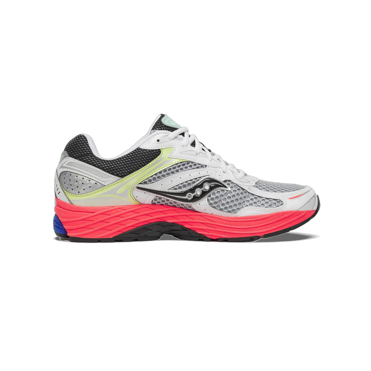 Side profile of a white and silver Saucony running shoe with a black Saucony logo on the midfoot, coral-red midsole, black and lime-green accents, and a blue heel tab, toe pointing left.